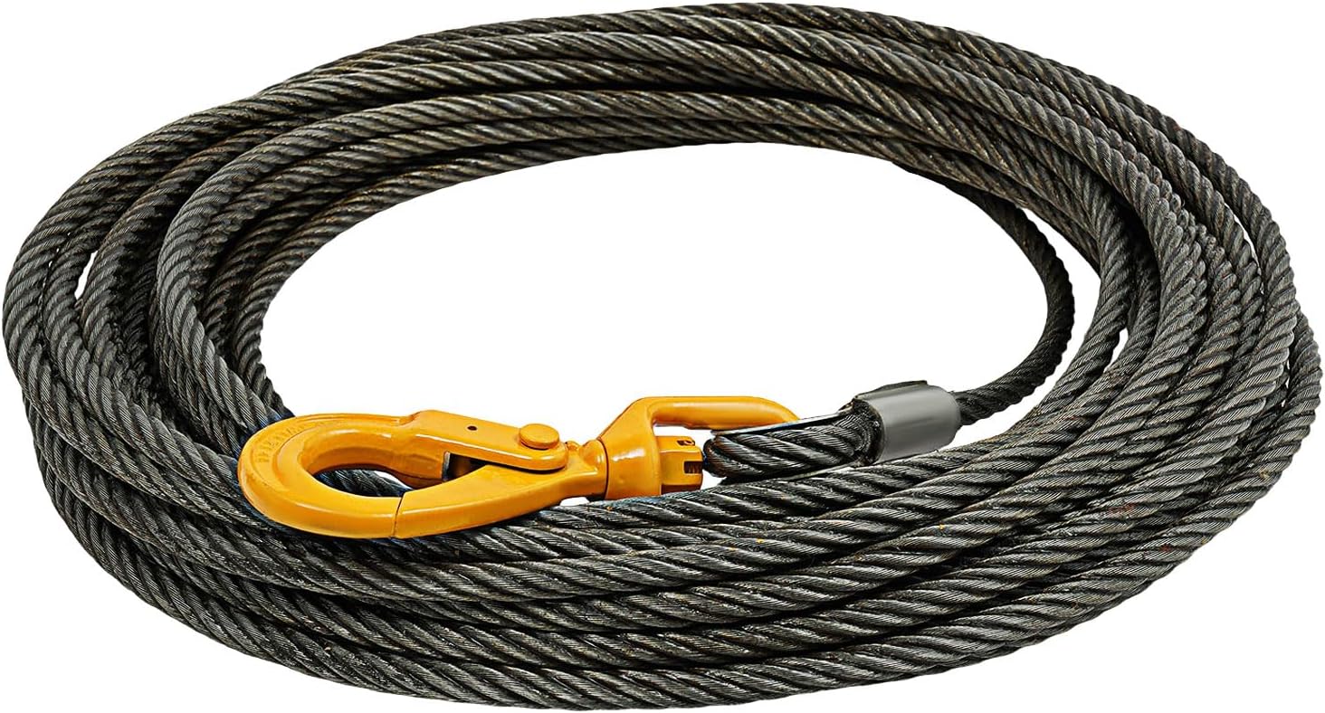 Steel Winch Cable 9/16" x 100FT Wire Rope with 360° Swivel Self-Locking Hook, Towing Cable Heavy Duty, 17637 Lbs Breaking Strength, 4409 Lbs Capacity, 6x37 Construction, for Truck, Winch