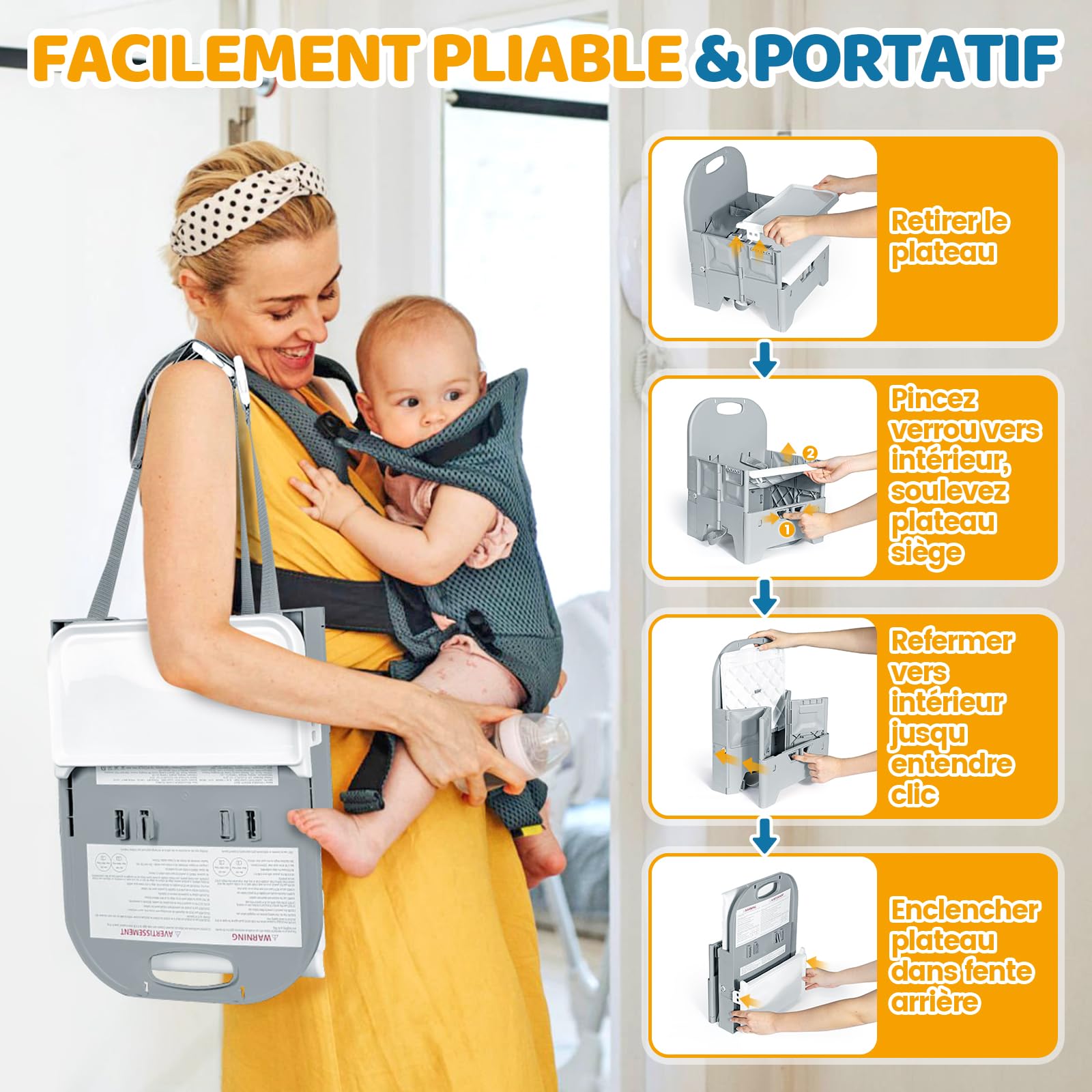 Orzbow Pliable Rehausseur de Chaise Bebe,Stable Chaise Bebe de Table avec Plateau de Repas,Matériau ABS,Construction Robuste,Facile à Utiliser,pour Les Bébés de 36 Mois Maximum et de 15 kg,Gris