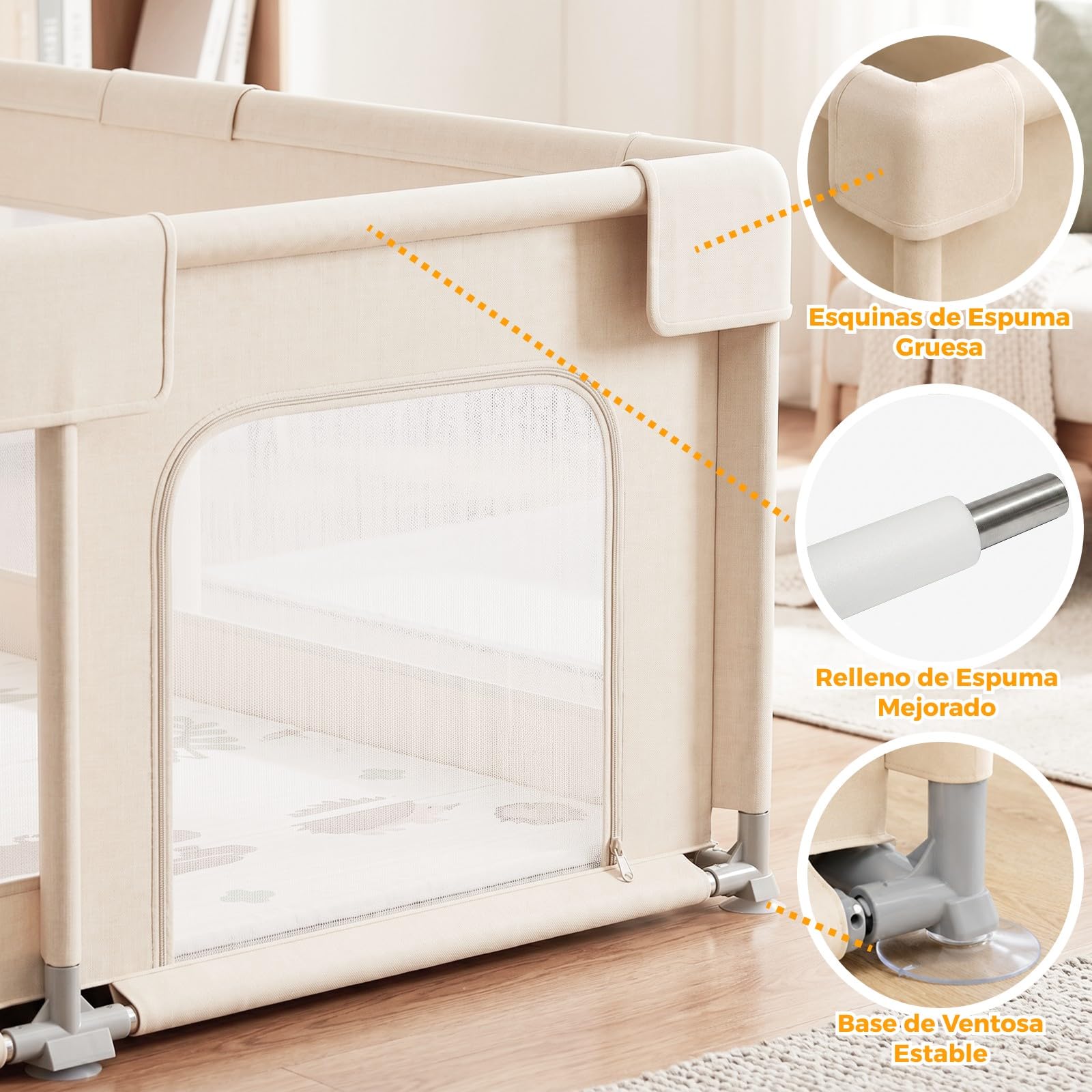 Beige Parque Infantil Bebe con Alfombra - 150x150cm Corralito Bebe | Tela Oxford resistente, malla transpirable 360°, estructura estable, ventosas potentes y 4 anillas