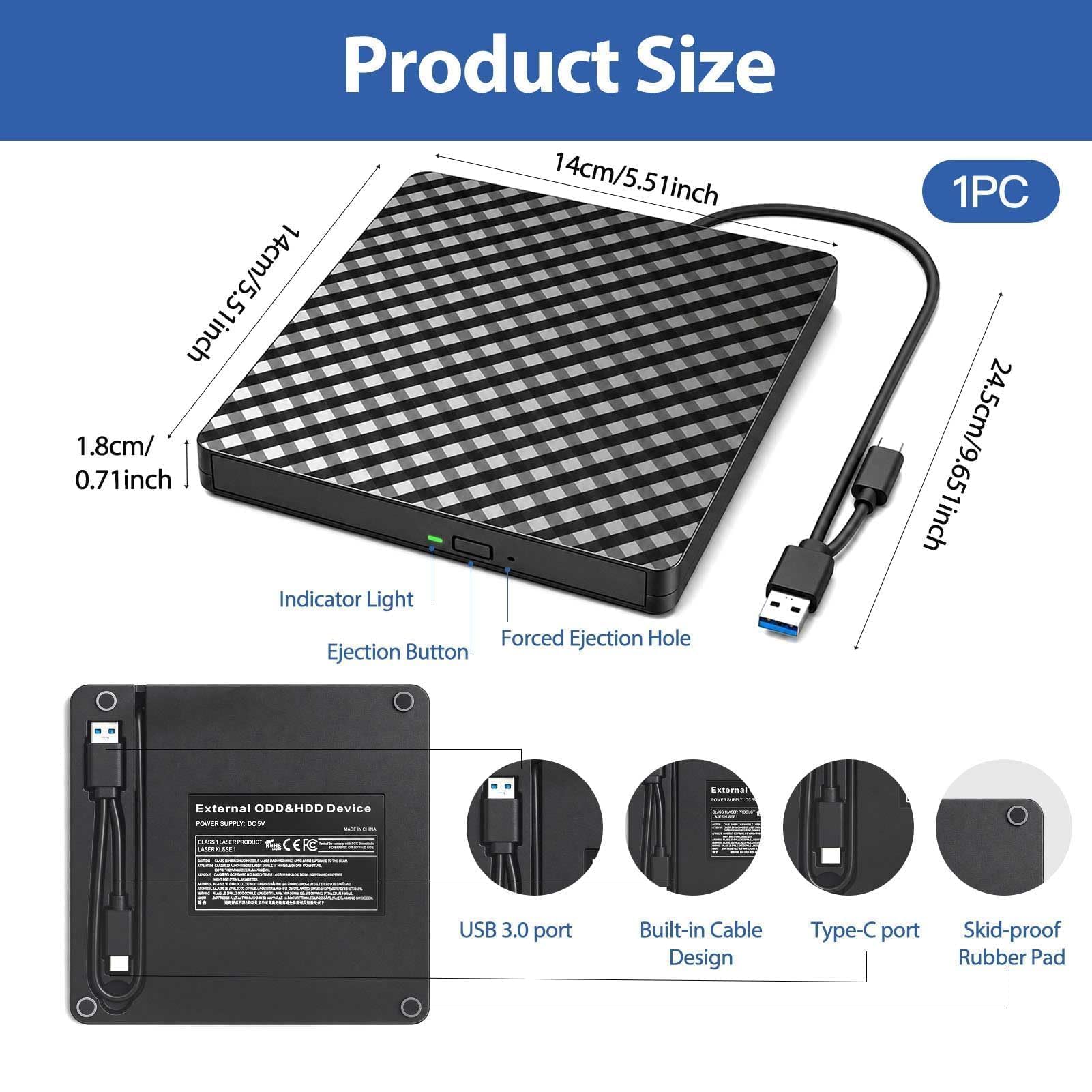 Lecteur CD DVD Externe pour PC, USB 3.0 et USB-C Graveur DVD Externe,Plug and Play CD/DVD +/-RW Drive, Mince DVD Player,Haute Vitesse 5Gbps pour MacBook Windows 11/10/8/7/XP Linux OS