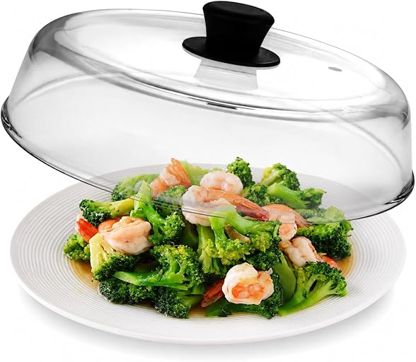 Mikro Innovations 10.5-Inch Glass Microwave Splatter Cover – Borosilicate Glass Food Plate Splatter Guard with Vent Hole, BPA-Free, Easy-Grip Silicone Knob, Dishwasher Safe (1, Black, 10.5in)