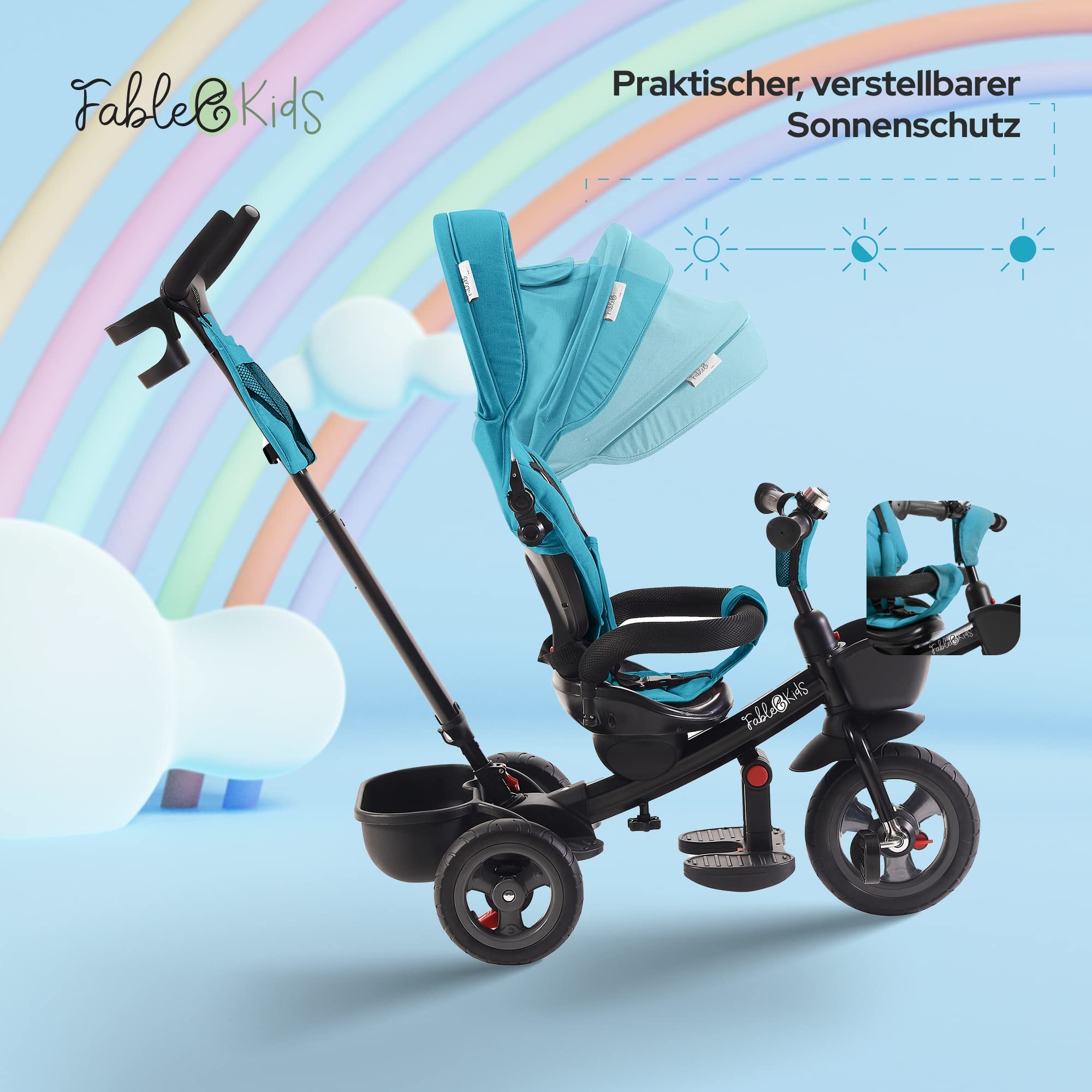 FableKids 5in1 Dreirad ab 9 Monate bis 25kg | Kinderdreirad mit Schubstange, 360° drehbarem Sitz, Verdeck mit Sonnenschutz, 3-Punkt-Gurt, PU-Reifen, Korb & Zubehör für Babys & Kleinkinder | Türkis
