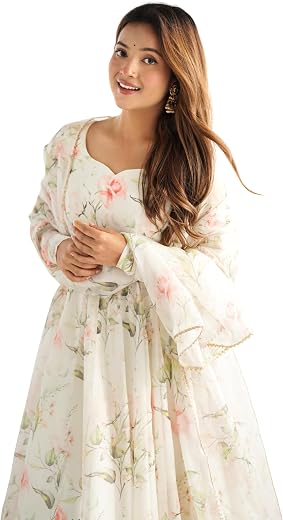 DEAROZ Women Floral Print Organza Silk Anarkali Kurta Set with Dupatta Fully Flared Kali Pattern Anarkali Gown