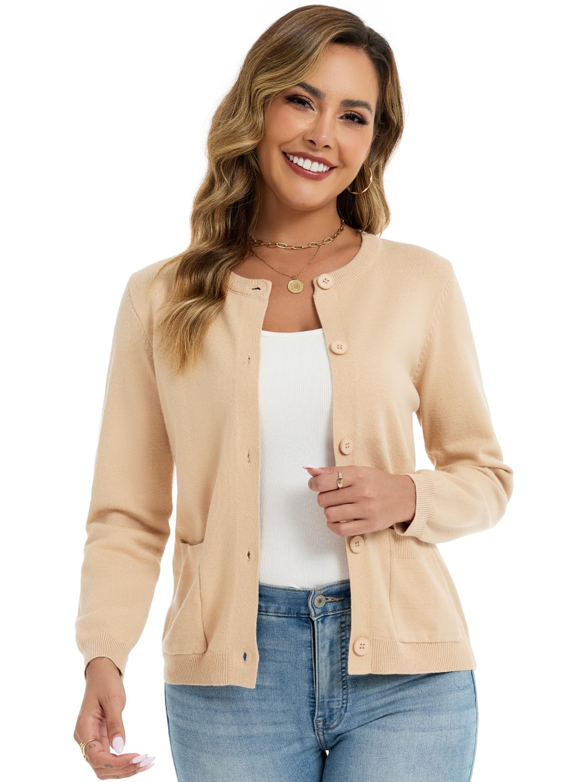 Cárdigan de punto para mujer de manga larga, cuello redondo, corto, de punto fino, con botones, bolsillos, informal, suave y fino