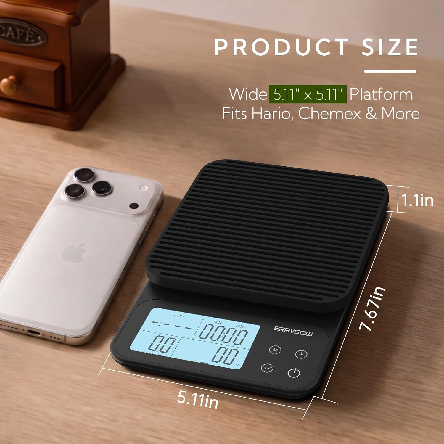 Pour Over Coffee Scale with Timer, Calculat Ratios & Flow Rate Display