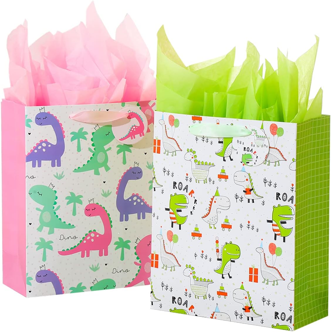 Vammy 13" Large Gift Bag with Tissue Paper, 2 Pack Dinosaur Gift Bags for Birthday Party baby shower (Dinosaurs)