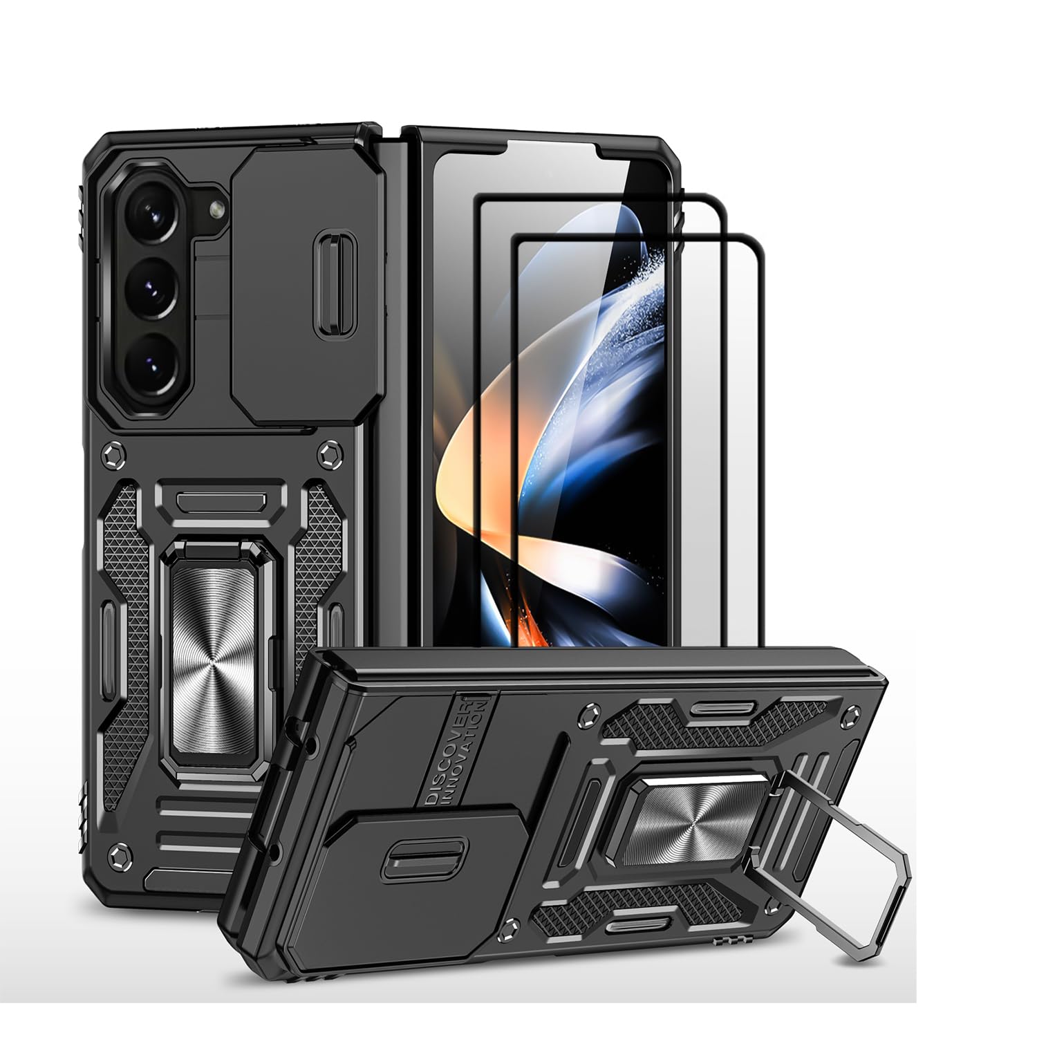 PUCHEN [1+2] for Samsung Galaxy Z Fold 5 Case with Tempered Glass Screen Protector (2 PCS), HD Screen Protector, Magnetic Ring Kickstand Military Grade Shockproof Case (Black)