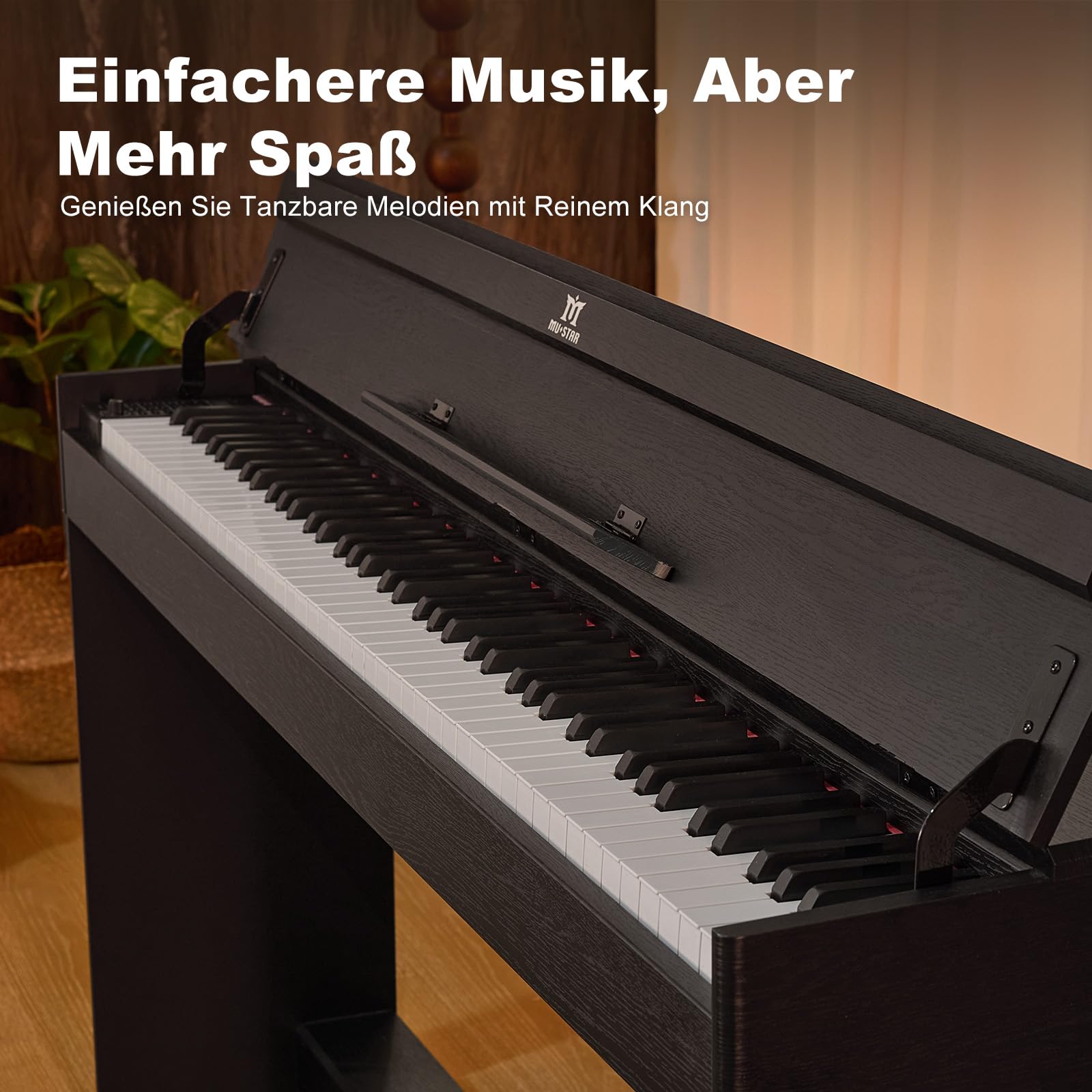 MUSTAR 88 Tasten Digital Piano, Halbgewichtete Tasten Klavier mit USB/MIDI und Bluetooth, Halb-offene Abdeckung, E-Piano mit 3-Pedal-Einheit, Stereolautsprechern, 800 Töne und 64 Polyphony, Schwarz