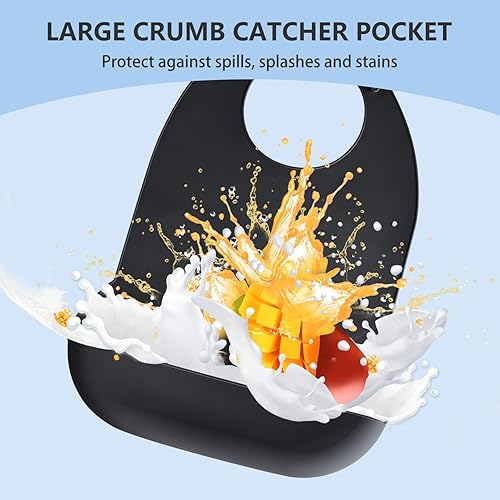 Miniatura 5 de Baberos para adultos para hombres y mujeres, lavables de silicona para adultos con recogedor de migas, Negro Paquete de 2