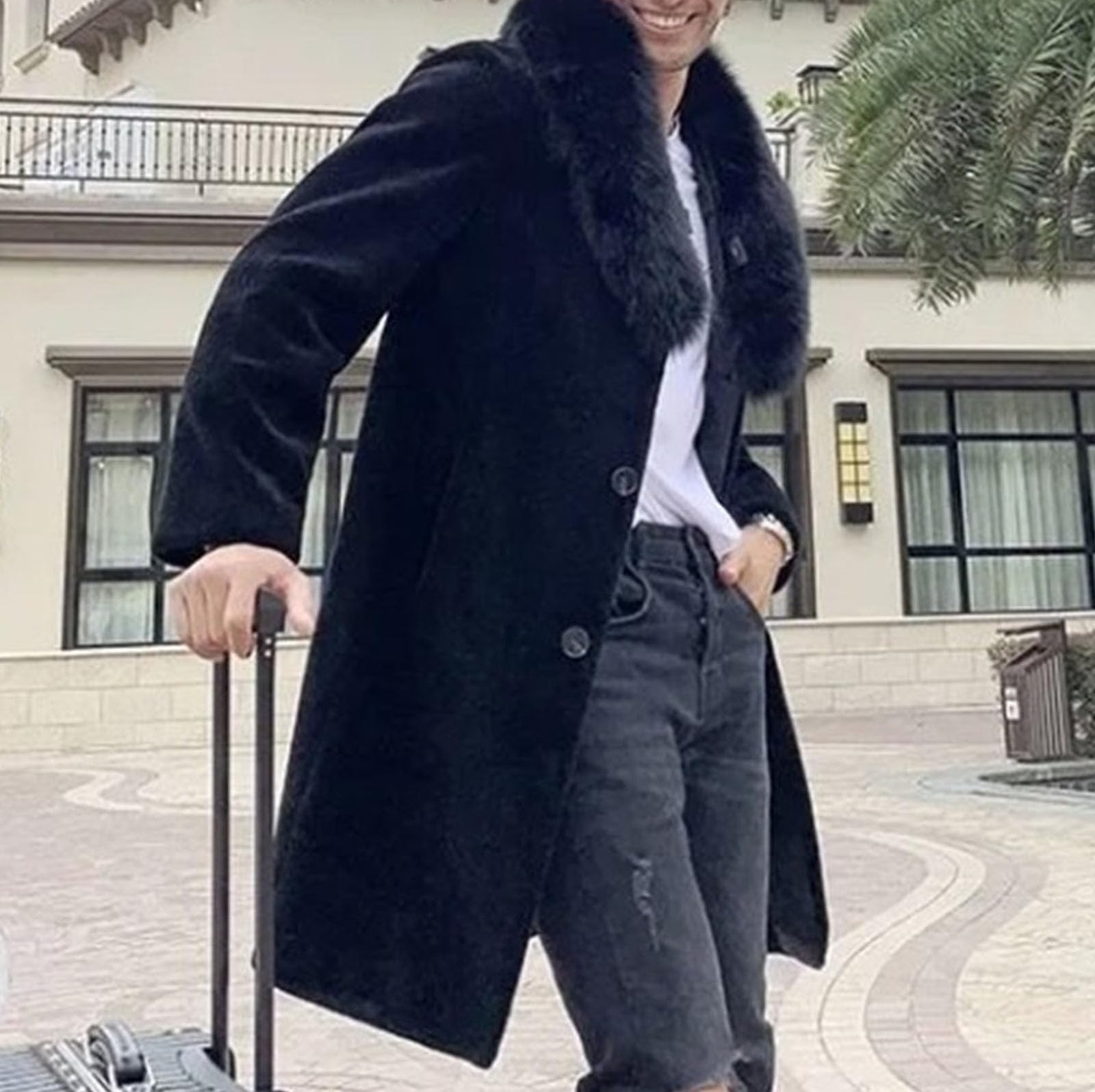 Trench invernale da uomo con collo in pelliccia sintetica, cappotto doppiopetto spesso, cappotto lungo da lavoro, parka