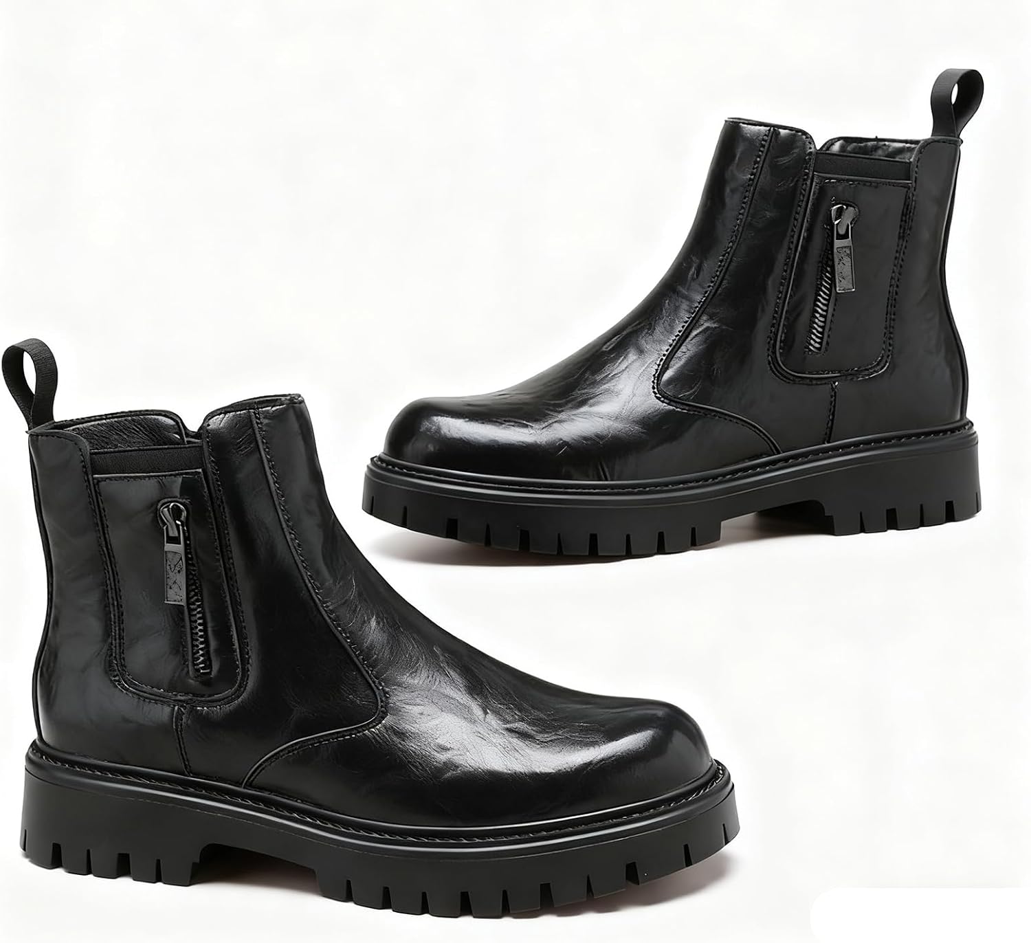 Men's Wrinkled Leather Platform Chelsea Boots with Side Zipper Fashion Round Toe Lug Sole Motorcycle Combat Booties Causal Business Wedding Office Work Dress Ankle Boots