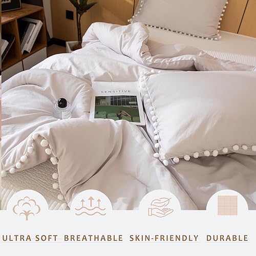 Miniatura 7 de Bedbay Juego de edredón beige tamaño individual para niños y niñas, ropa de cama con pompones de microfibra ultra suave, ligero, juego de edredón de