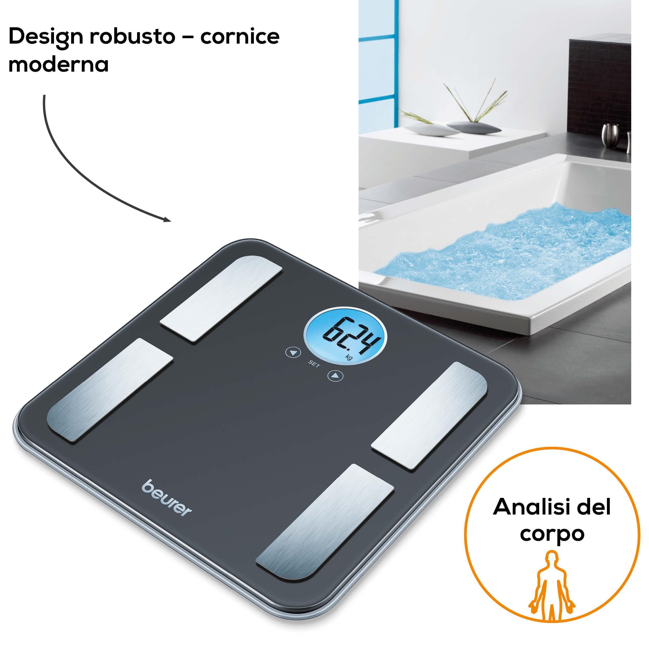 Beurer BF 195 Bilancia Diagnostica in Vetro, con Display LCD Rotondo, adatta per la determinazione del grasso corporeo, della percentuale muscolare e del fabbisogno calorico