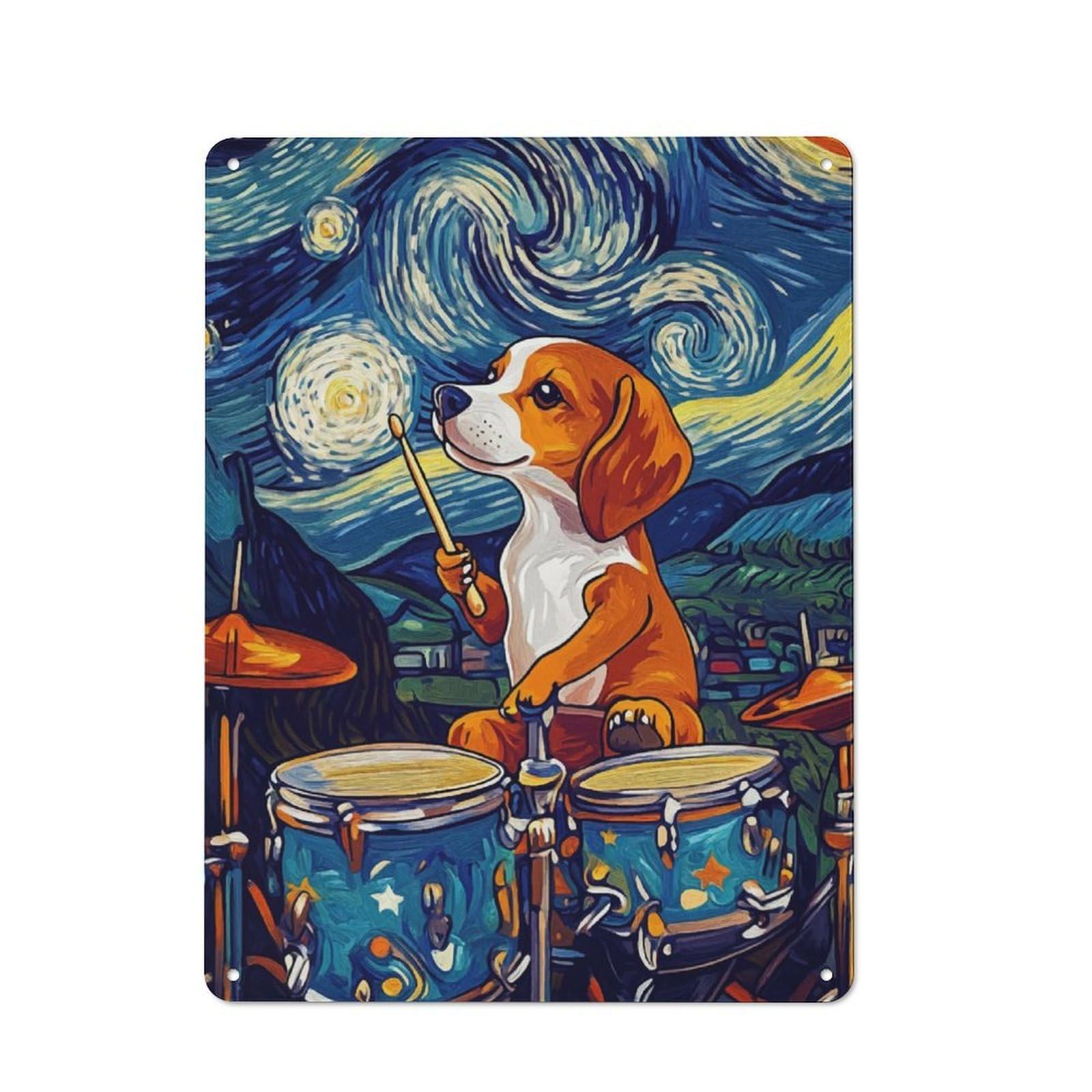 Junmoney Beagle Drummer Starry Night Metal Sign 40X30cm With For Home Bar Wall, Vintage Decor, Wall Decoration For Home Bars And Entertaining Spaces