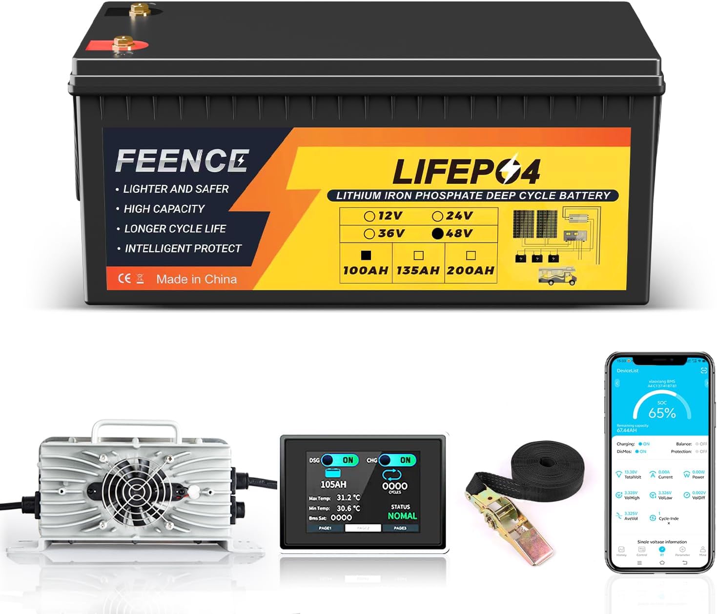 48V 100AH Golf Cart Batteries,48V Lithium Battery Golf Cart with 58.4V 22A Charger and LCD Touch Monitor,Built-in Smart 200A BMS and Bluetooth,Max 10.24kw,Perfect for Golf Carts,Club Car