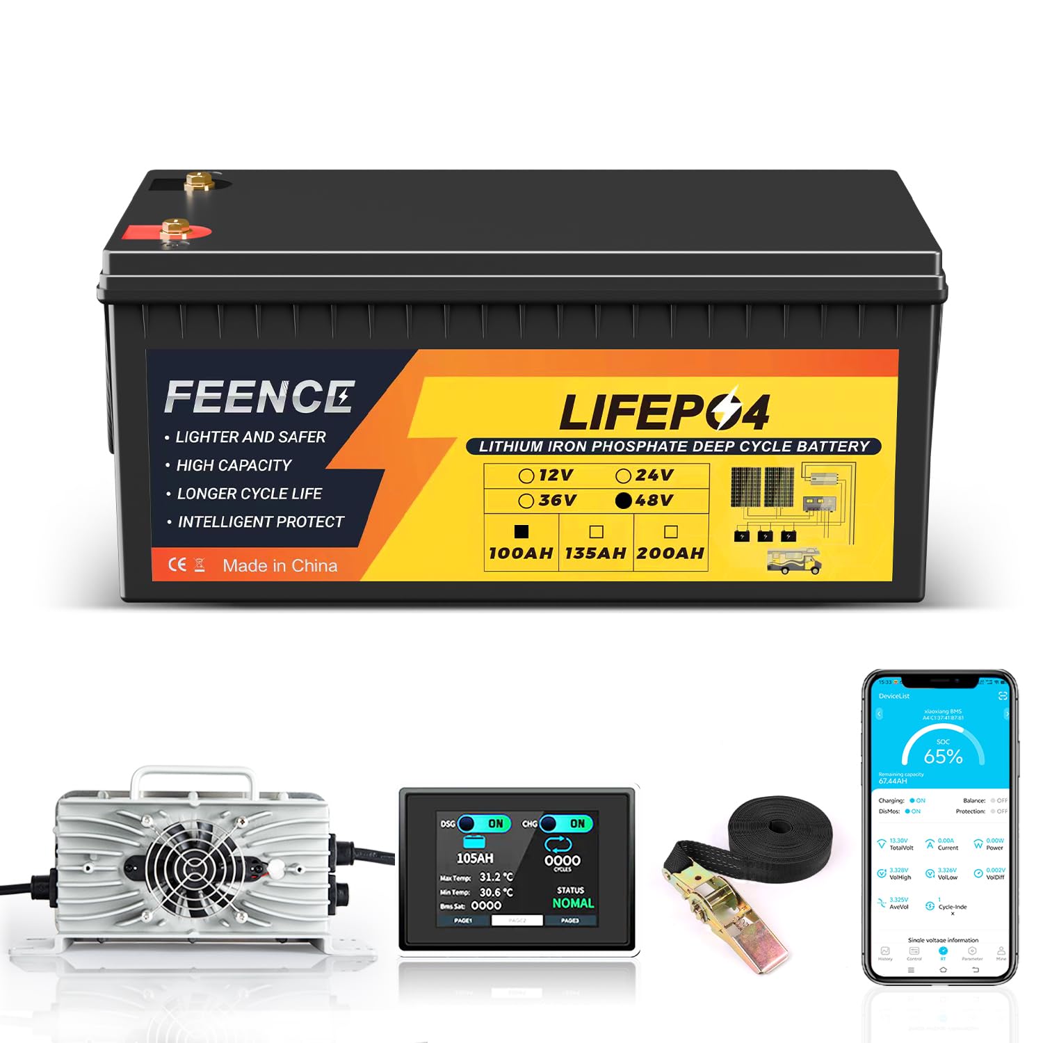 48V 100AH Golf Cart Batteries,48V Lithium Battery Golf Cart with 58.4V 22A Charger and LCD Touch Monitor,Built-in Smart 200A BMS and Bluetooth,Max 10.24kw,Perfect for Golf Carts,Club Car