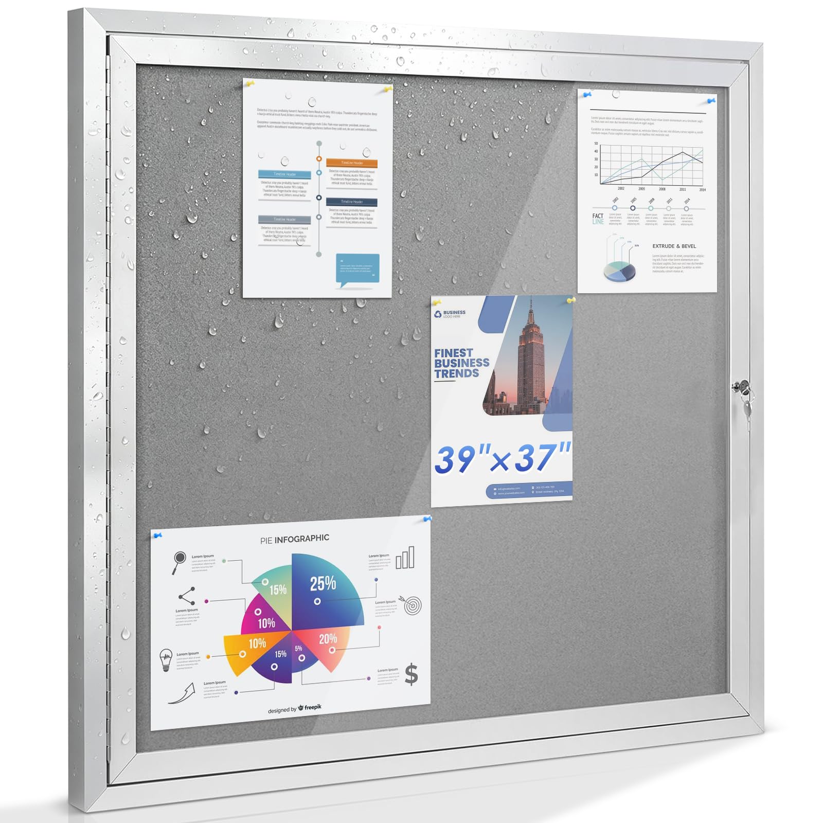 Swansea - Tablero de anuncios con cerradura para exteriores, 100 x 95 cm, a prueba de manipulaciones, con puerta de bloqueo para oficina, escuela, tienda, centro comunitario, aluminio plateado,
