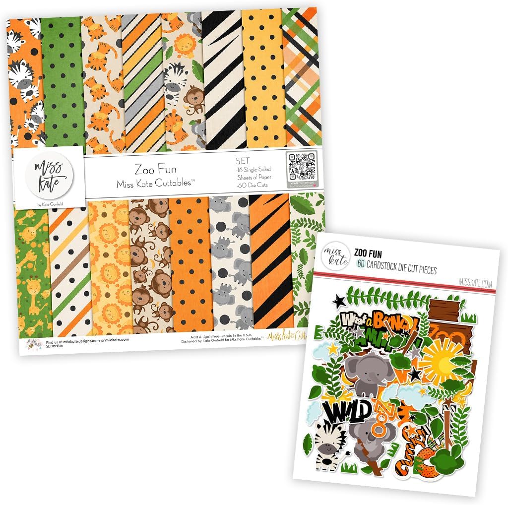 Die Cuts & Paper Set - Zoo Fun - by Miss Kate Cuttables | 16 Single - Sided 12"x12" Premium Specialty Paper Sheets & Over 60 Coordinating Die Cuts