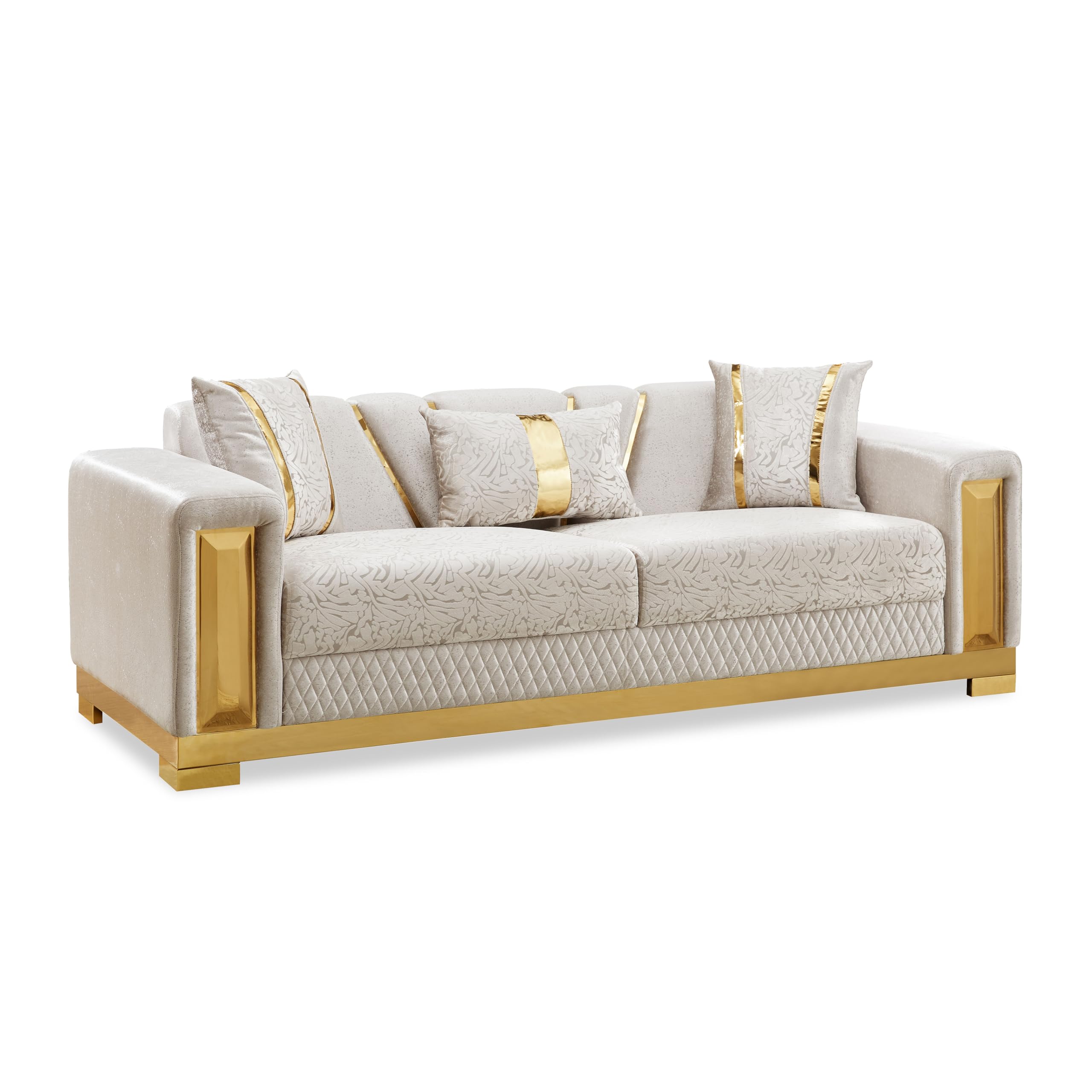 Furniture of America Samison II Glam Solid Wood Upholstered Couch with Accent Pillows Damask Pattern and Gold Base