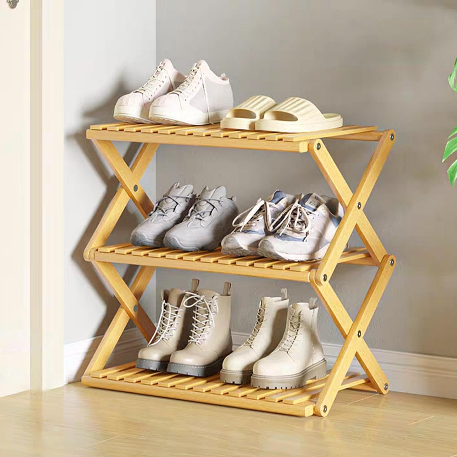Bamboo Shoe Rack Folding Shoes Shelf Organizer 3 Tier Multifunctional Free Standing Shoe Holder Racks for Closet Entryway Hallway Living Room Doorway