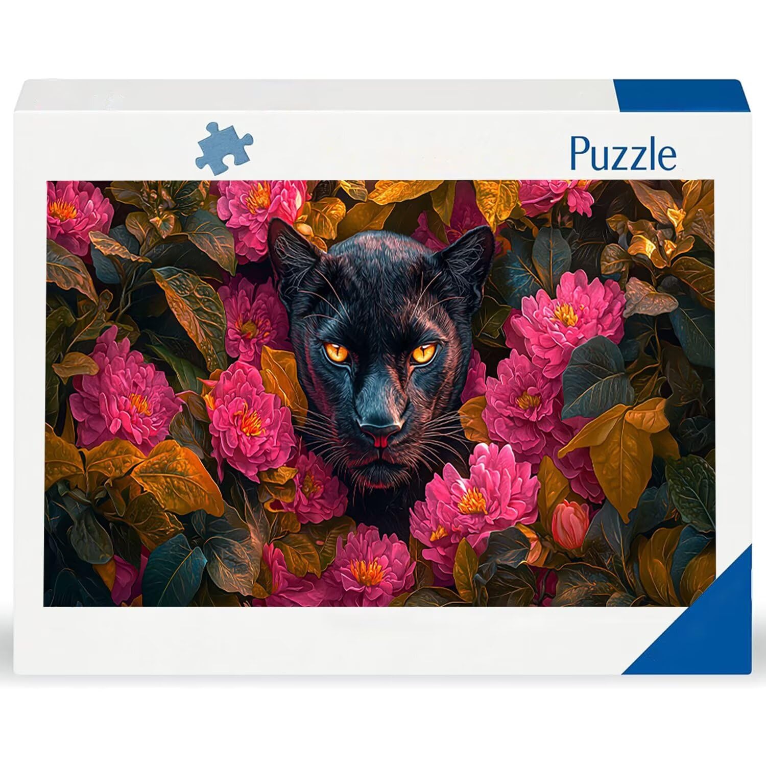 Drewniane puzzle dla dorosłych 900 sztuk - czarna pantera w kwiaty, gra logiczna dla dorosłych, grafika z nadrukiem w wysokiej rozdzielczości, kreatywne hobby prezent b-405