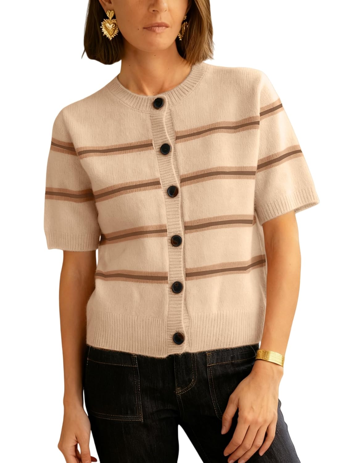 Lianlive Striped Cardigan Sweater for Women Casual Crewneck Short Sleeve Knit Tops Button-Down Fall Knitwear Cardigans
