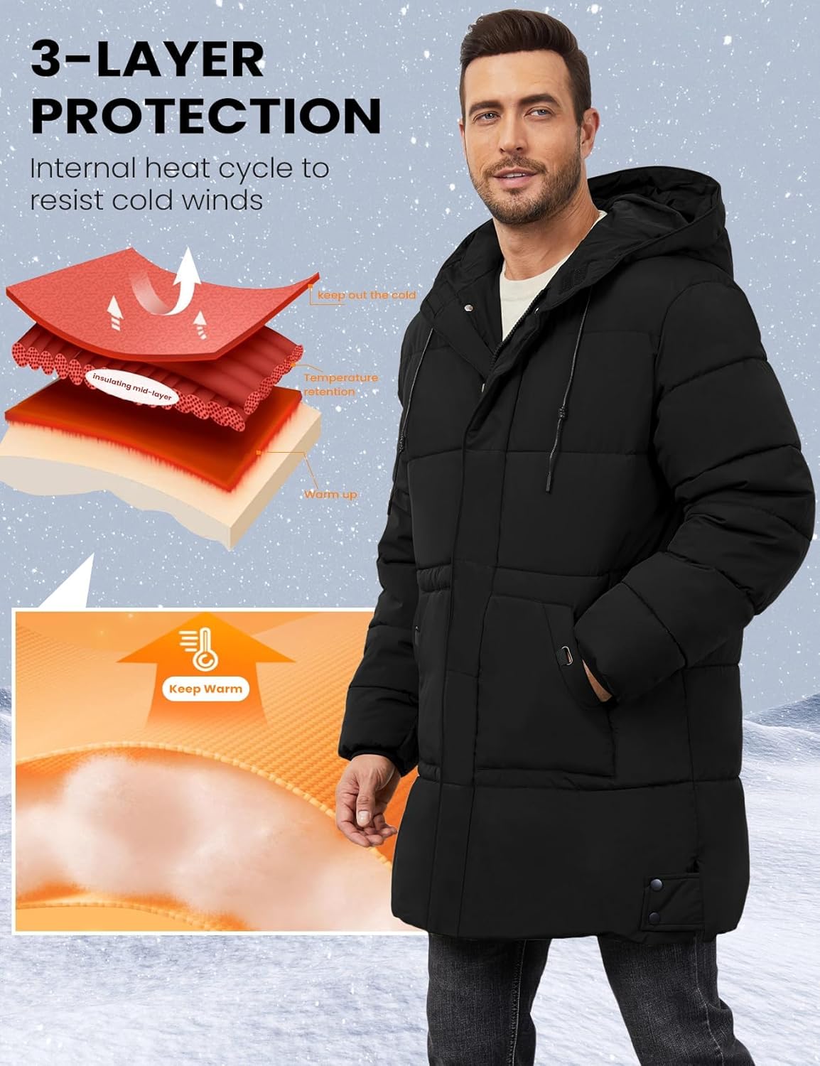 Gihuo Mens Long Puffer Jacket Winter Warm Hooded Outerwear Quilted Jacket Zip Up Padded Coats Outerwear - Image 4