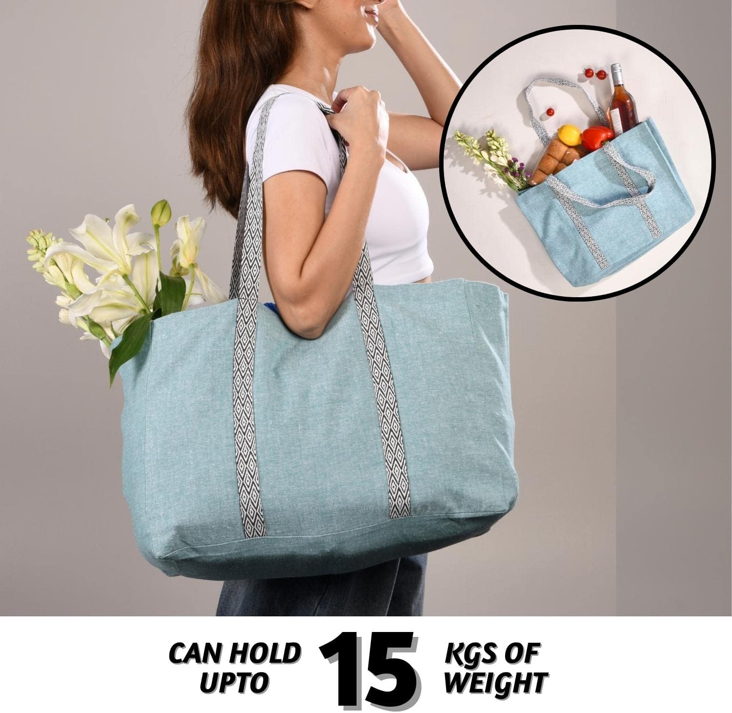 Folkulture Beach Tote for Women - 100% Cotton, 16 X 15 Inch Large Summer Bag with 2 Pockets | Perfect Pool & Travel Tote, Lightweight - Image 2