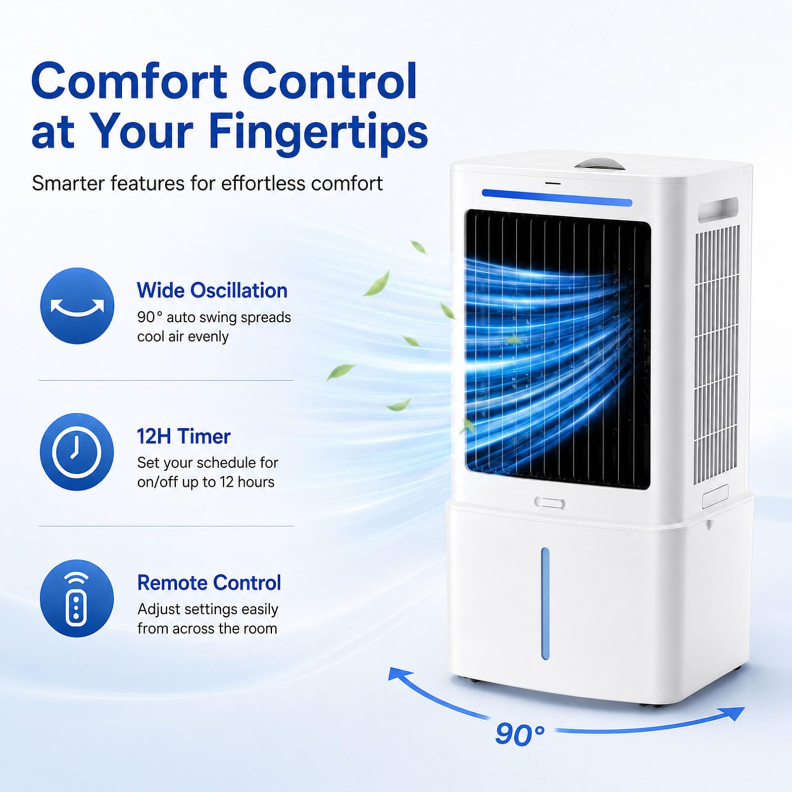 Enfriador de Aire Evaporativo con Tanque Desmontable 25L, Ventilador Portátil 3 Velocidades y 3 Modos, Temporizador 12H, Oscilación Amplia, Mando a Distancia, Climatizador para Hogar y Oficina