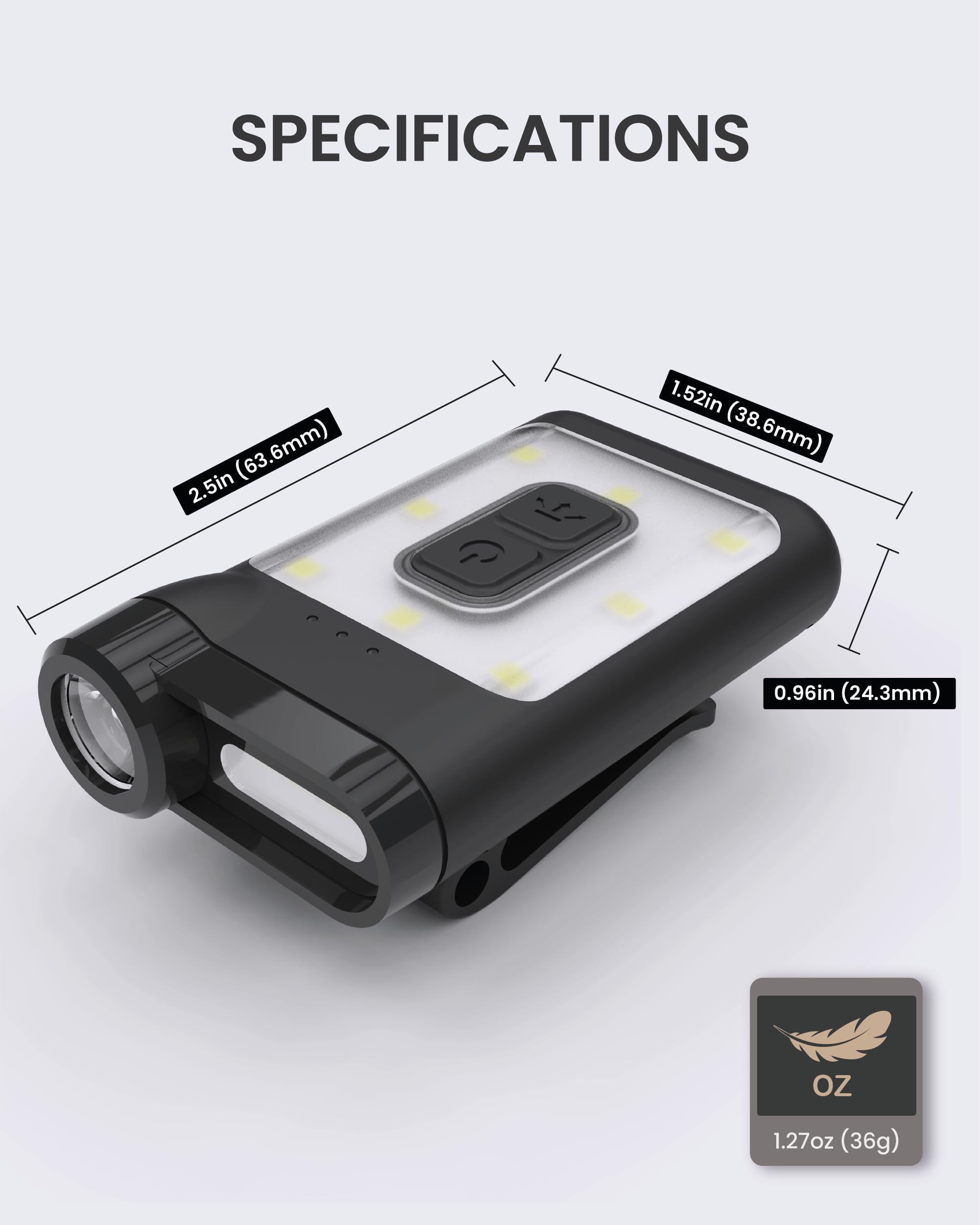 Claymore Capon 65A Stirnlampe, LED, zum Anklippen und USB-C, wiederaufladbar, leicht, 3 Leuchtmodi, 230 Lumen, 650 mAh, tragbares Licht für Camping, Wandern, Angeln, Höhlenforschung, Laufen