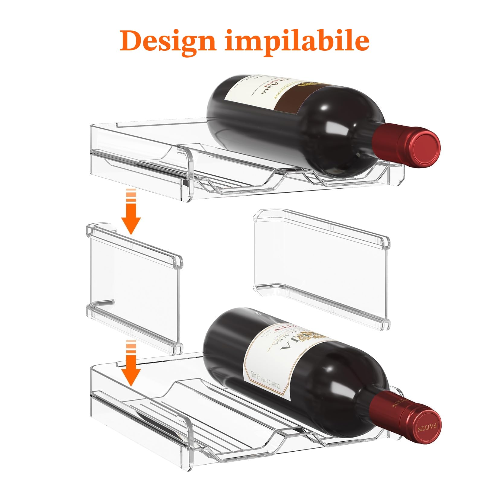 Lifewit Portabottiglie Impilabile in Plastica per Frigorifero, Armadio, Bancone, Portabottiglie da Vino, Organizer per Bottiglie d’Acqua Può Contenere 4 Bottiglie, Trasparente