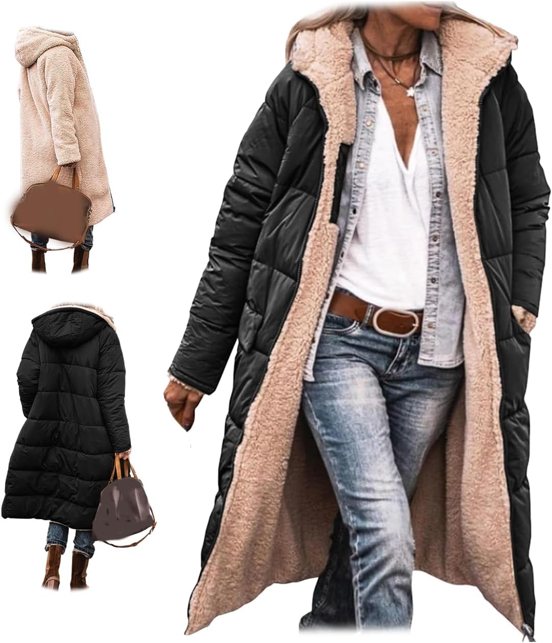 Womens Winter Coats Reversible Fleece Long Puffer Jacket Shearling Fleece Down Jackets Outerwear with Hood Fashion Clothes