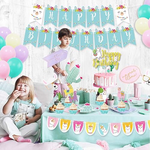 Miniatura 7 de Suministros de fiesta de cumpleaños de llama, decoraciones de fiesta de cactus con llama y cactus, pancarta de cumpleaños, decoración de tartas,