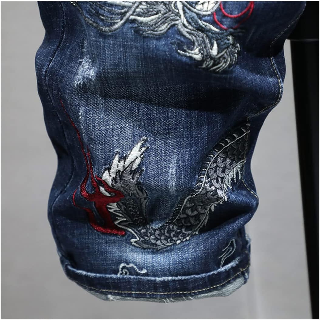 Summer Men Skinny Denim Shorts Chinese Dragon Embroidery Stretch Loose Jeans Five-Point Shorts