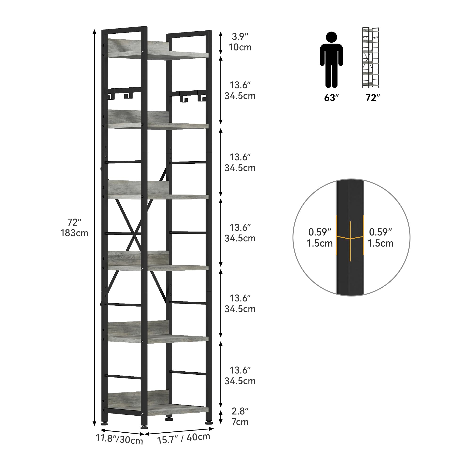 DWVO Libreria a 6 ripiani, scaffale alto con telaio in acciaio, libreria industriale con 4 ganci, supporto per presentazioni, per soggiorno, grigio