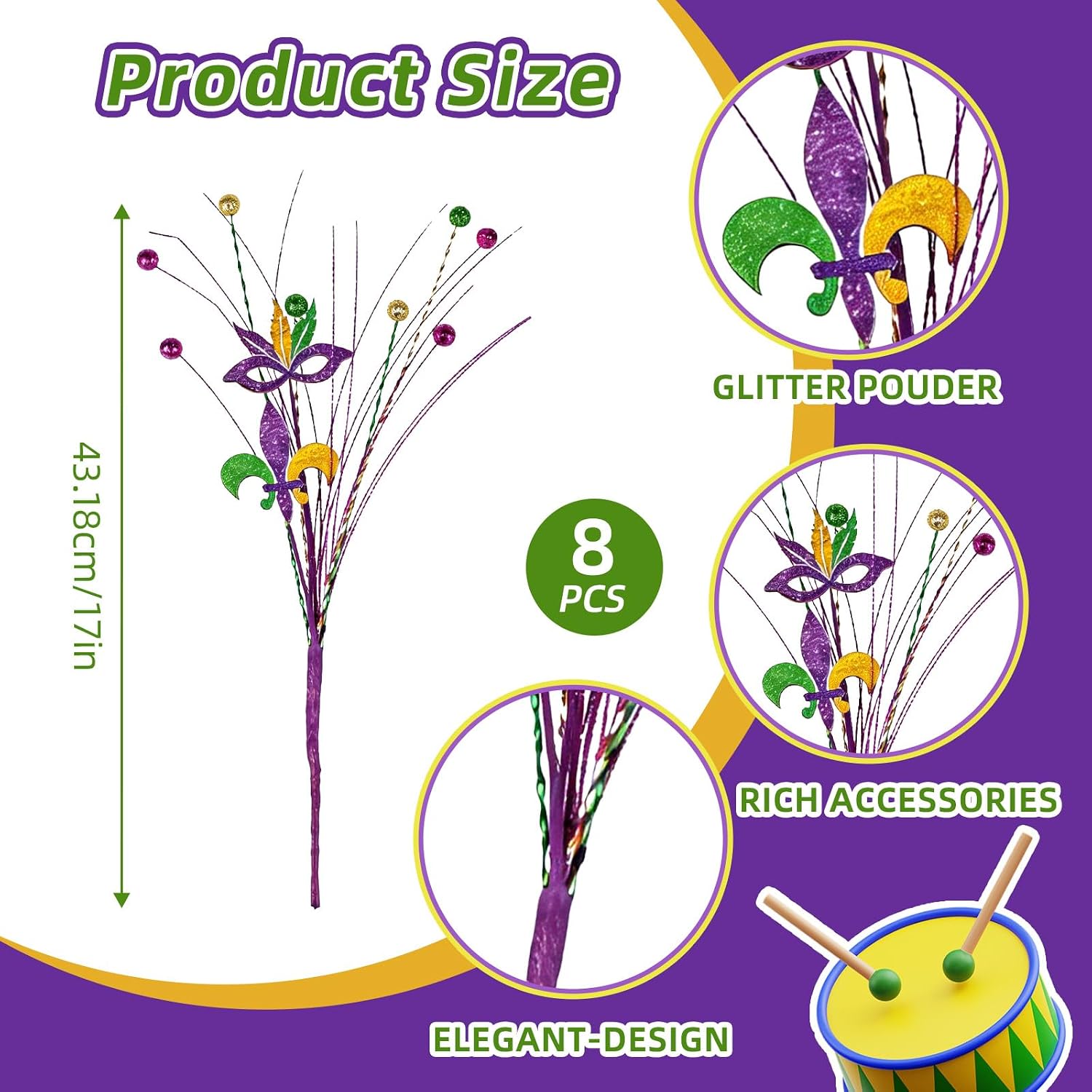 8 Pcs Glitter Floral Picks for Mardi Gras Decor, 17 Inch Purple Green Gold Fleur-de-Lis Floral Picks for Table Centerpieces, Vase Filler, Tree & Party Decorations