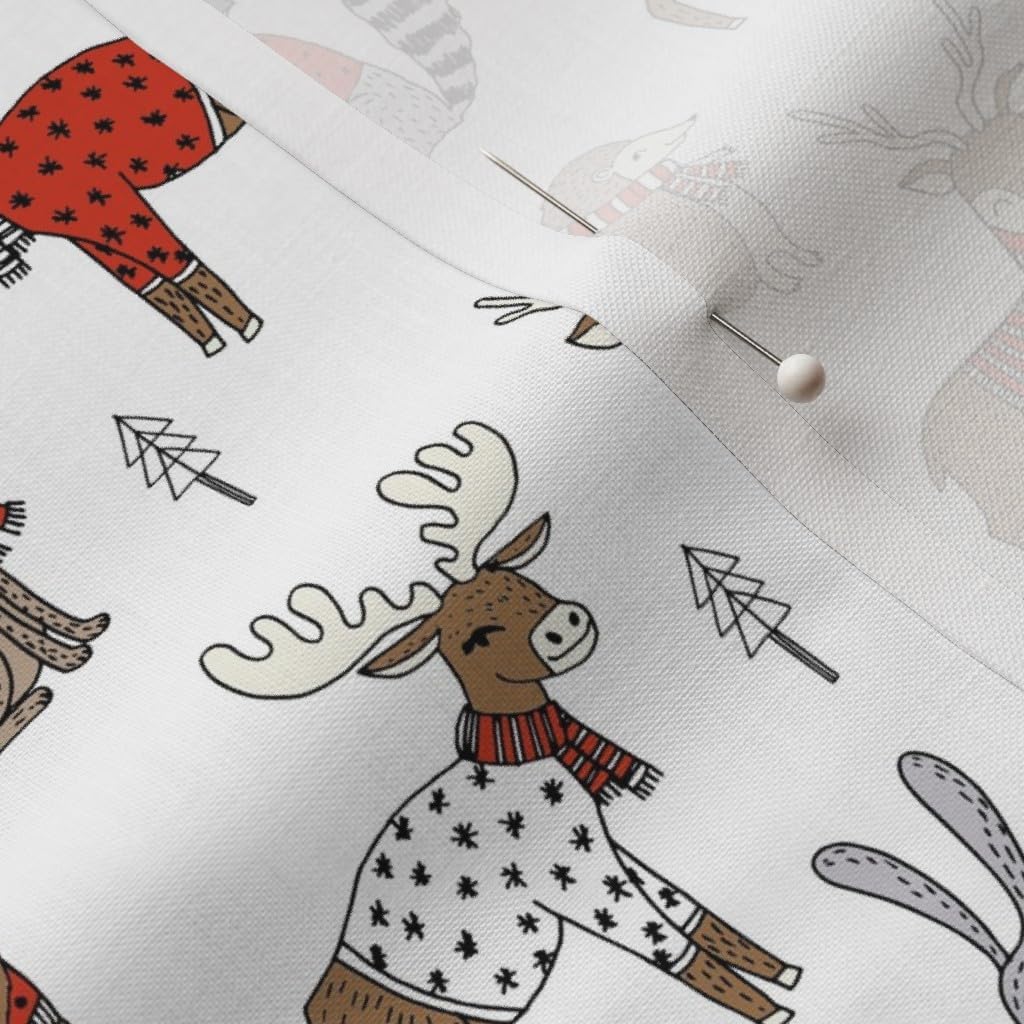 Spoonflower Fabric - Woodland Christmas Animals Bear Fox Deer Raccoon White Red Forest Printed on Petal Signature Cotton Fabric by The Yard - Sewing Quilting Apparel Crafts Decor
