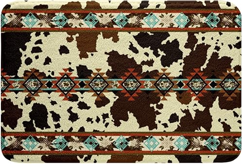 KXO Alfombra de piel de vaca occidental, alfombra de baño marrón con estampado de vaca de las tierras altas, alfombra exótica azteca con diamantes