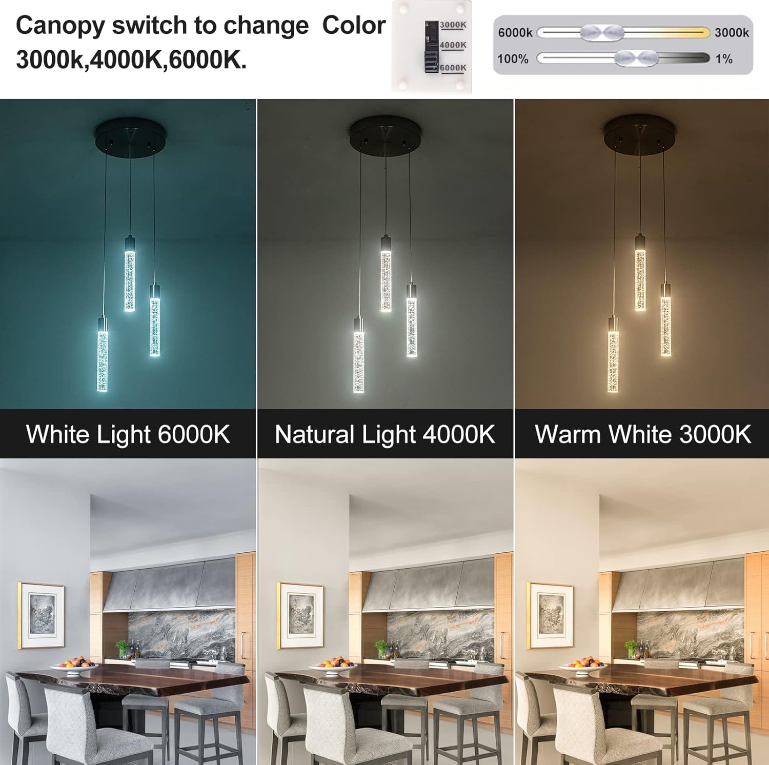 Modern Pendant 3 Light with Adjustable Height - Brushed Nickel & Clear Glass Cylinder Island Lights, 3000-6000K Dimmable Kitchen Pendant Lighting for Kitchen Island, Dining Room, Bar Counter