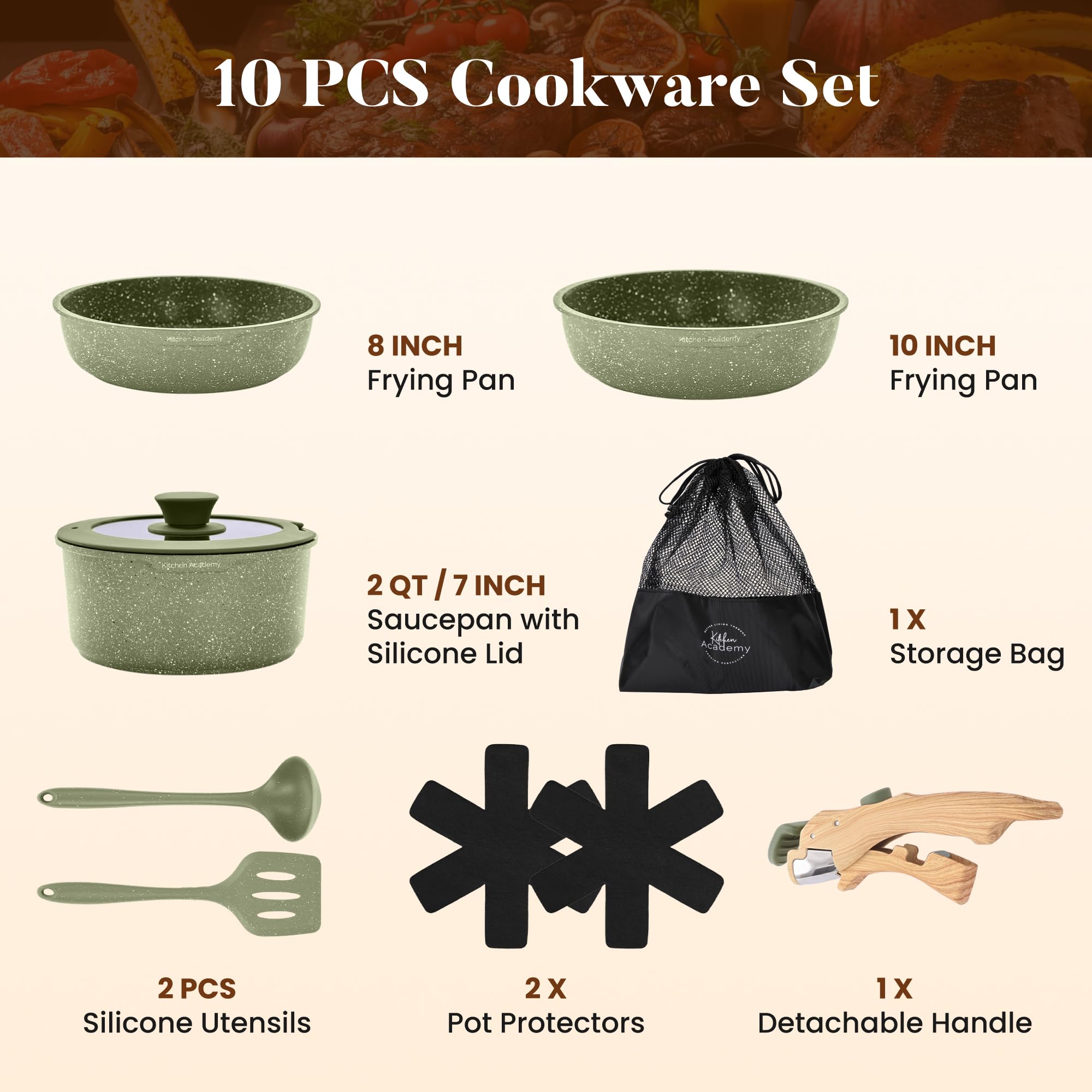 Kitchen Academy 10 PCS Batterie de Cuisine Induction avec Poignée Amovible | Batterie de Cuisine Tout Feux, Revêtement Antiadhésif en Granit Empilables Convient aux Camping-Cars et au Camping