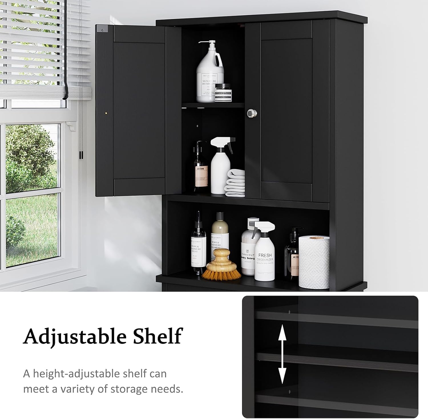 Meilocar Over the Toilet Storage Cabinet for Bathroom, Black Bathroom Over Toilet Cabinet Freestanding Storage Organizer, Space Saver with Doors and Adjustable Shelf, Black
