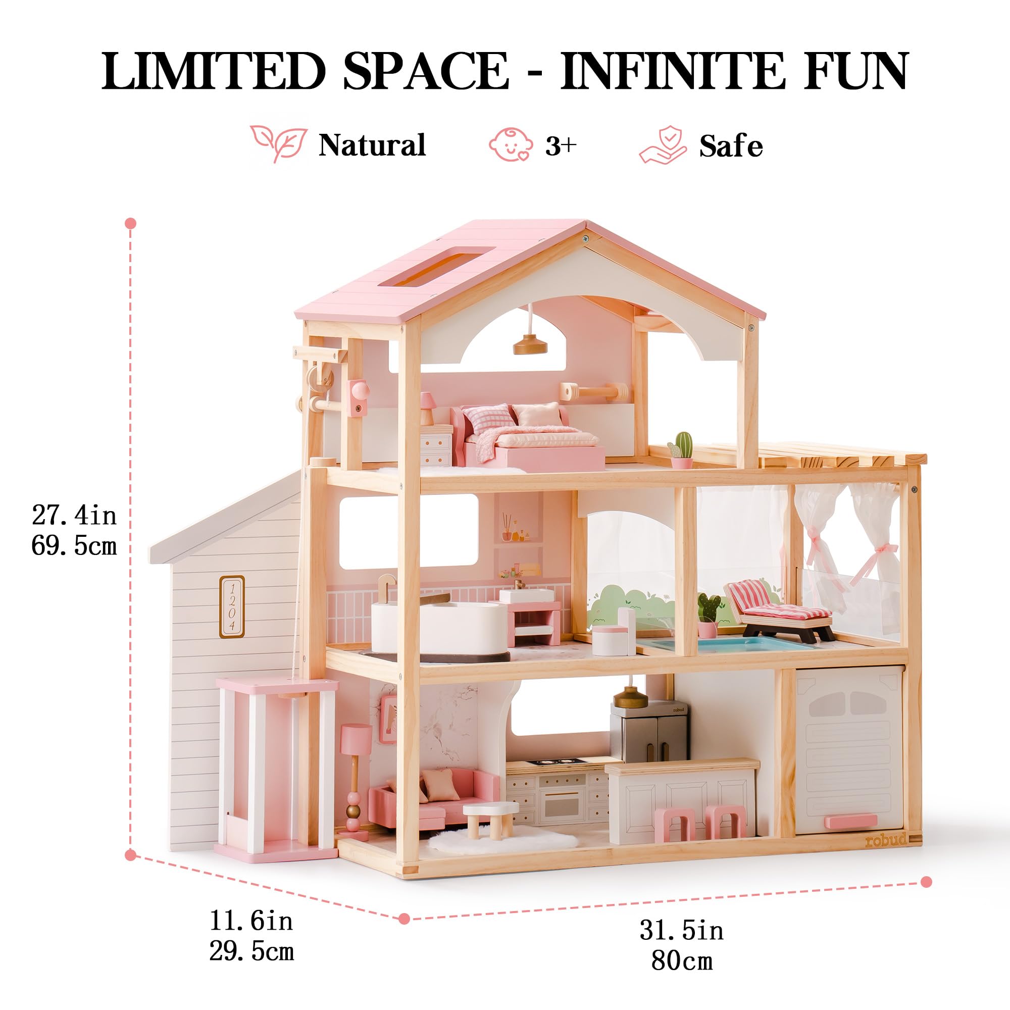 Image secondaire de Maison de Poupée en Bois ROBUD avec Meubles et Piscine - Jouet Éducatif pour Enfants