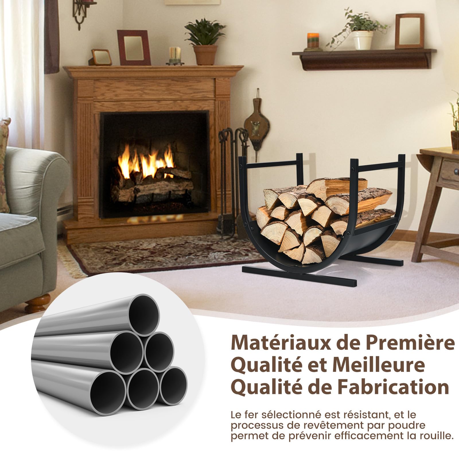 GYMAX Range-bûches Intérieur avec Poignées, Porte-bûches en Métal, Support pour Bois de Chauffage en Forme U, Charge 30 kg, pour Extérieur, 43x36,5x39,5CM