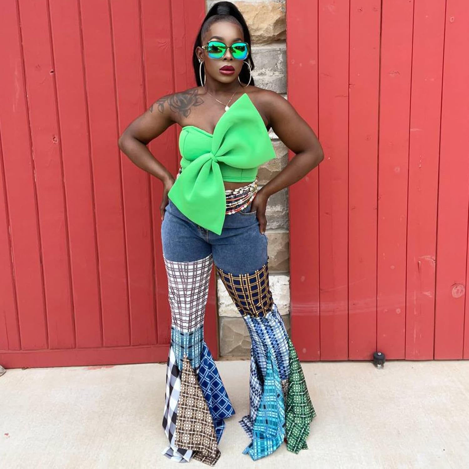 ThusFar Women High Waist Patchwork Flare Jeans Plaid Bell Bottom Ruffle Hem Denim Long Pants Trousers - Image 3