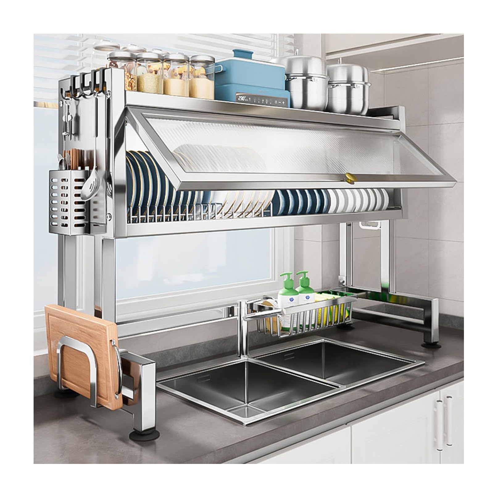SDVantage Stainless Steel Dish Drying Rack Over Sink Kitchen Nizer Countertop Storage Complete 304 Steel Shelf with Utensil Holder for Most Sinks，Silver-105X28X80Cm