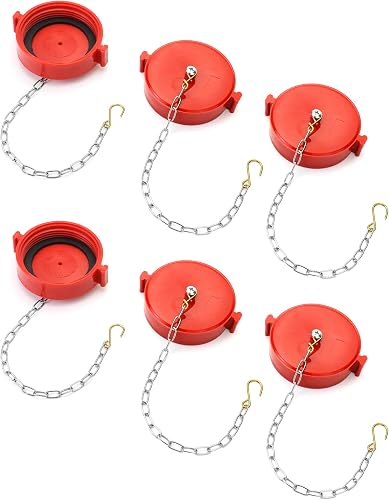 QWORK 2-1/2" NST/NH Plastic Fire Hose Connection Standpipe Cap Fitting and Chain Fire Equipment, Red - 6 Pack Anti Theft FDC Caps