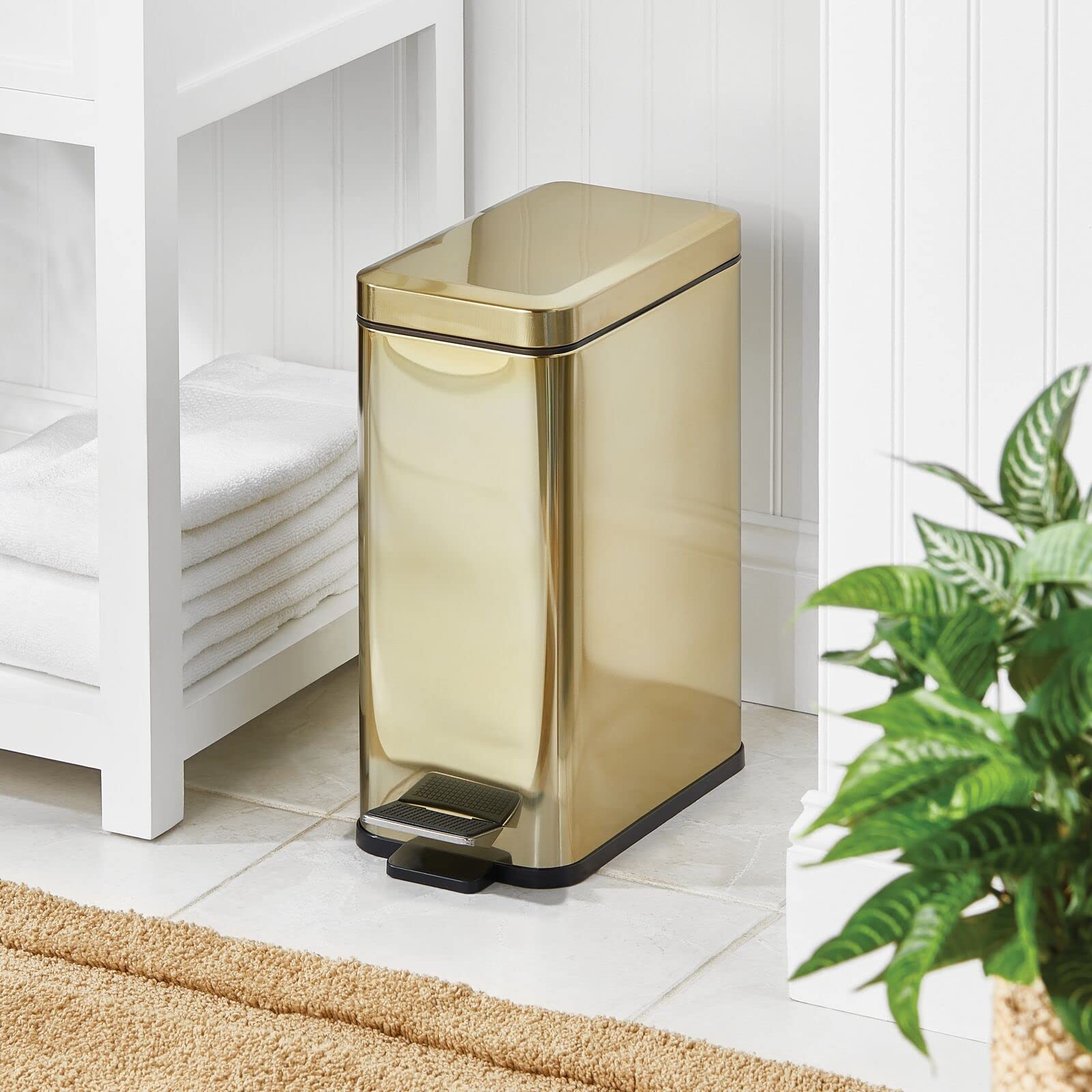 mDesign 2.6 Gallon Rectangular Steel Step Trash Can Wastebasket, Garbage Container Bin for Bathroom, Powder Room, Bedroom, Kitchen, Craft Room, Office - Removable Liner Bucket - Soft Brass