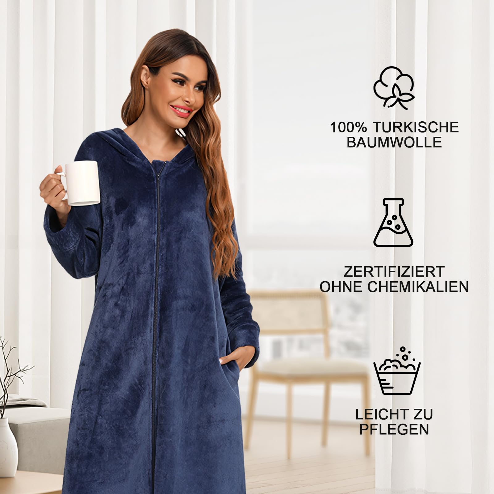 Albornoz para hombre y mujer con cremallera y capucha, albornoz largo, bolsillos frontales, albornoz de franela