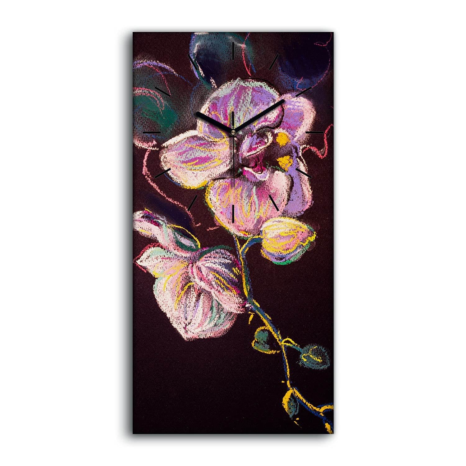 Horloge sur Toile 30x60cm Fleurs Abstraites avec Mains Noires Silencieuses pour Salon