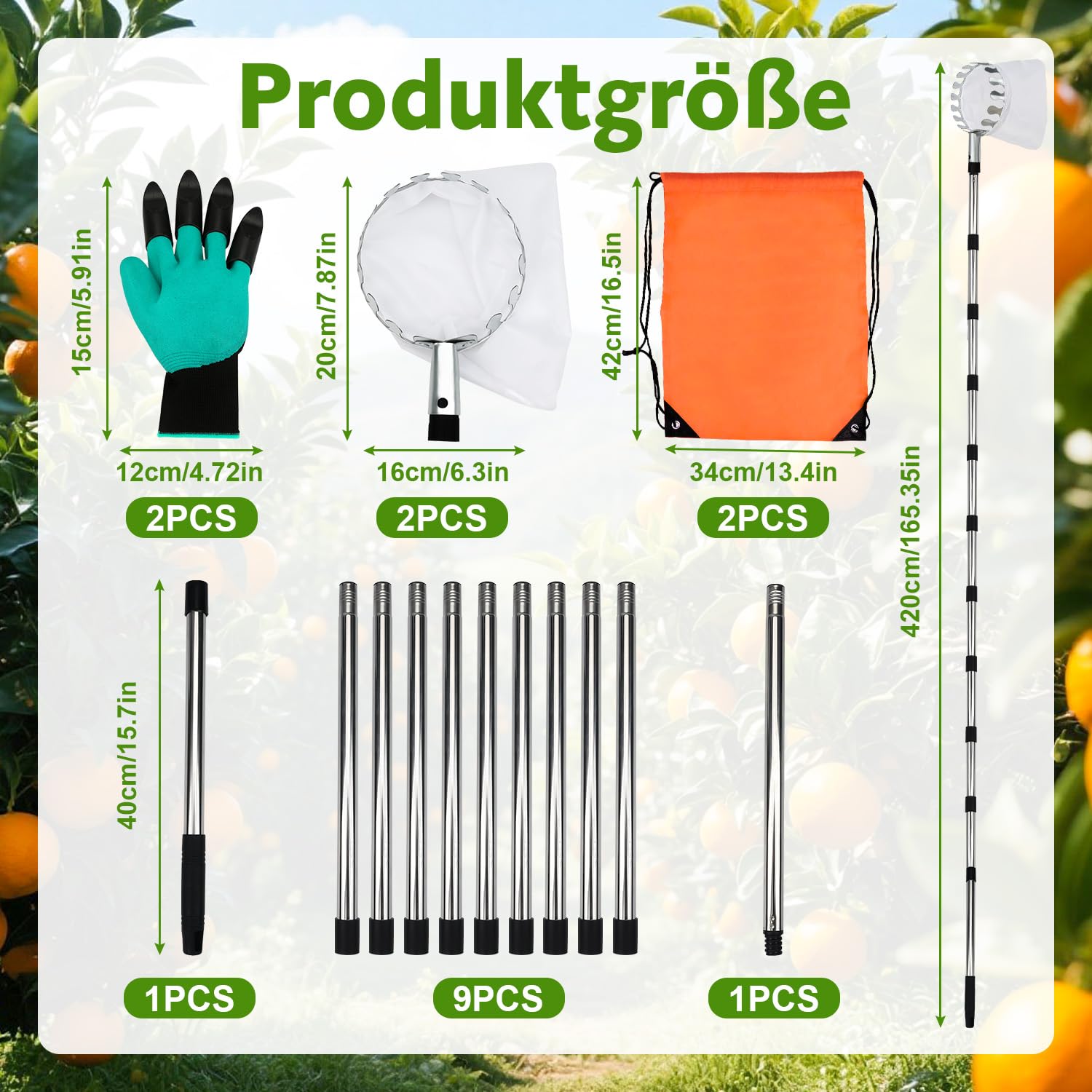 4.2M Obstpflücker mit Teleskopstiel, Apfelpflücker, Kirschenpflücker für Kirschen, Pflaumenpflücker mit 2 Baumwollbeutel Diameter 16 cm, Obstpflücker für Ernteernte Apfel Zitrus Birnen